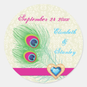 Pfauenfeder-Juwel-Herz-Hochzeit Save the Date Runder Aufkleber