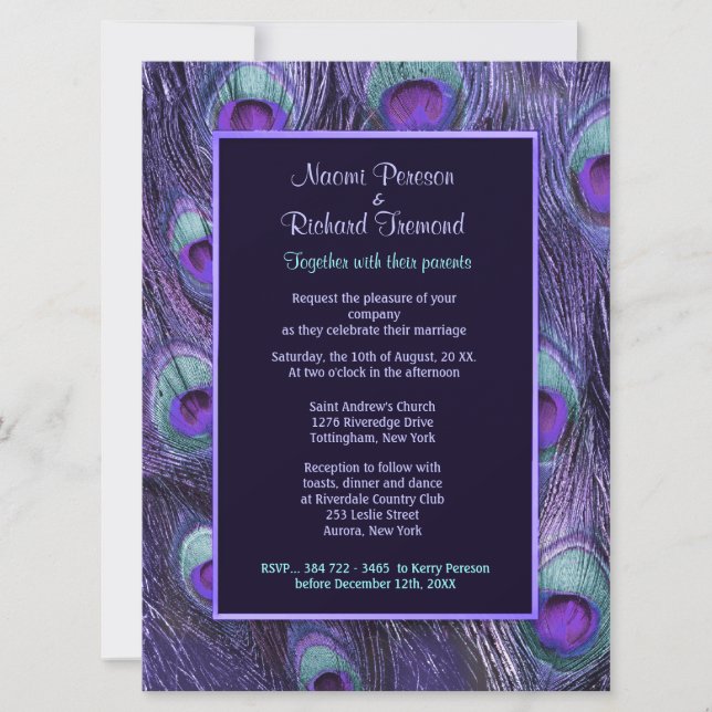 Pfauenfeder Lila 6,5" x 8 Einladung zur Hochzeit (Vorderseite)