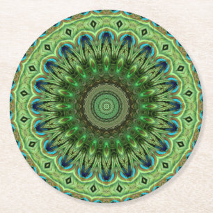 Pfauenfeder-Mandala Smaragd- und Blauer Symmetrie Runder Pappuntersetzer