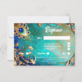 Pfauenfeder mit blauem goldgelbem Hintergrund RSVP Karte