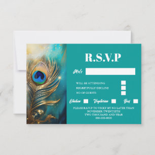 Pfauenfeder mit Marmor aquamariner Hintergrund Lux RSVP Karte