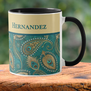 Pfauenfeder Paisley Türkis Gold Vintage Name Tasse