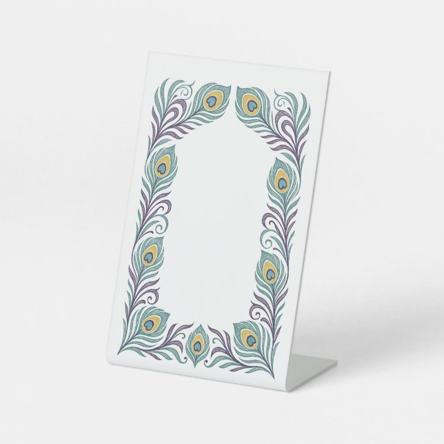 Pfauenfeder-Podest-Schild für Hochzeit oder Verans Sockelschild (Vorderseite)