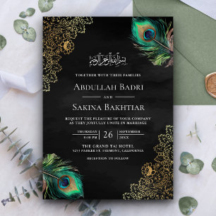 Pfauenfeder QR Code Schwarze muslimische Hochzeit Einladung