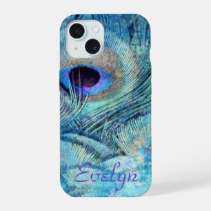 Pfauenfeder Teal Blau Lila Marmor elegant iPhone 15 Hülle