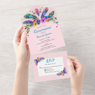 Pfauenfeder- und Blumen-Rosé-Quinceañera-Kleid All In One Einladung