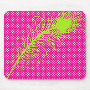 Pfauenfeder und Polka Dots - Pink & Lime Green Mousepad