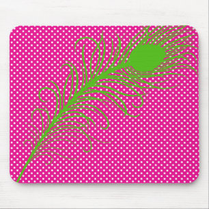 Pfauenfeder und Polka Dots - Pink & Lime Green Mousepad