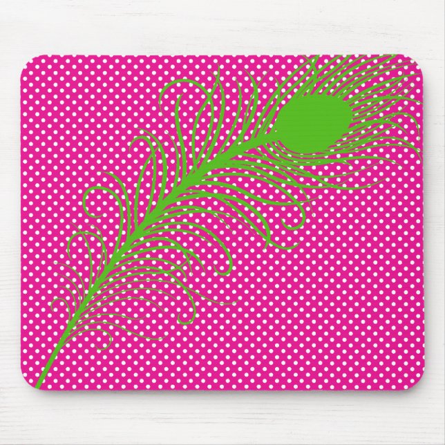 Pfauenfeder und Polka Dots - Pink & Lime Green Mousepad (Vorne)