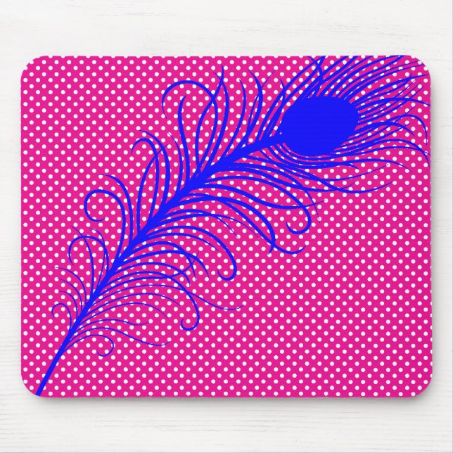 Pfauenfeder und Polka Dots - Pink & Royal Blue Mousepad (Vorne)