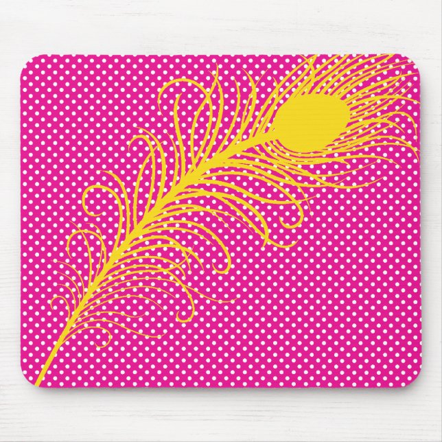 Pfauenfeder und Polka Dots - Rosa & Gelb Mousepad (Vorne)