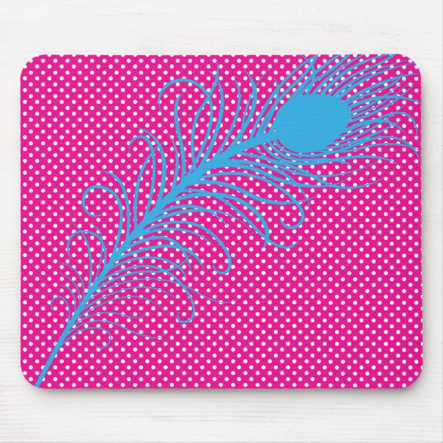 Pfauenfeder und Polka Dots - Rosa und Aqua Mousepad (Vorne)
