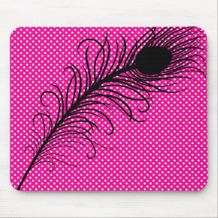 Pfauenfeder und Polka Dots - rosa und schwarz Mousepad