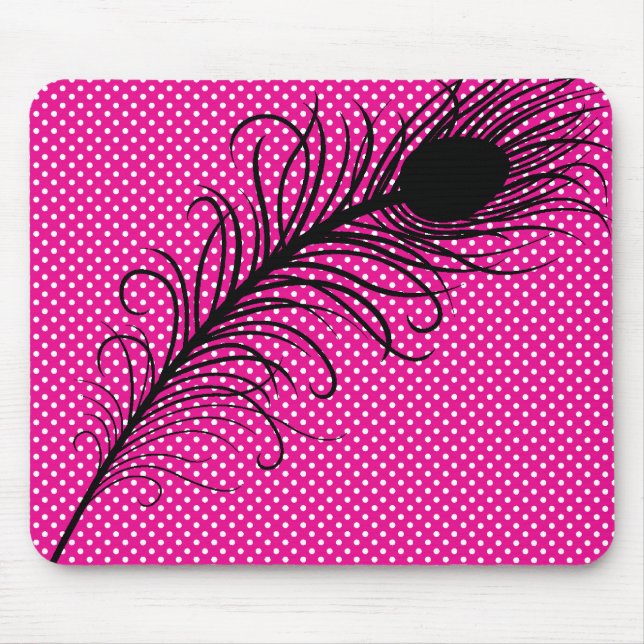 Pfauenfeder und Polka Dots - rosa und schwarz Mousepad (Vorne)