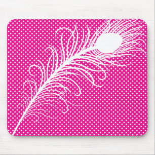 Pfauenfeder und Polka Dots - Rosa & Weiß Mousepad