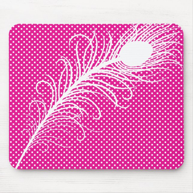 Pfauenfeder und Polka Dots - Rosa & Weiß Mousepad (Vorne)