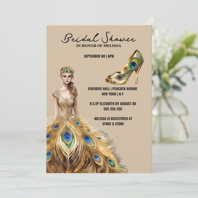 Pfauenfederbälle als Braut Einladung (Stehend Vorderseite)