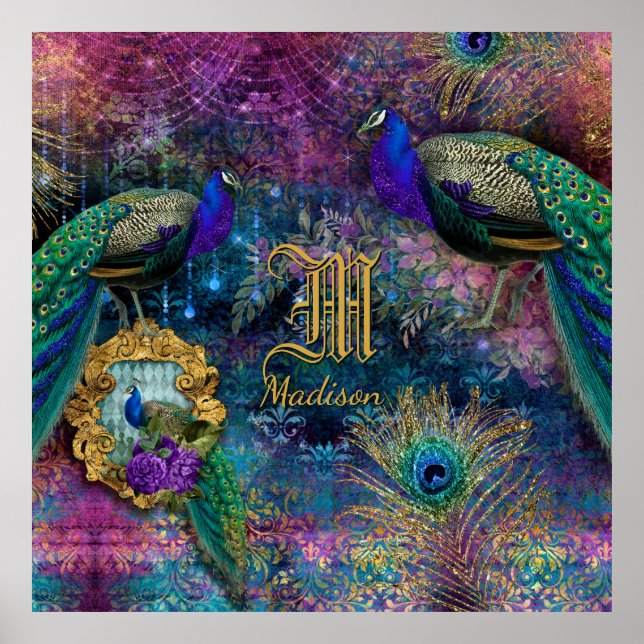 Pfauenfederhalter Vintager Glitzer Monogrammname Poster (Vorne)