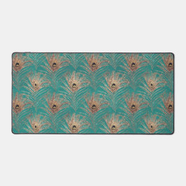 Pfauenfedermuster Glitzer aquamarin goldgelb Schreibtischunterlage