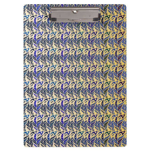 Pfauenfedermuster in Blau und Gold Klemmbrett (Vorderseite)