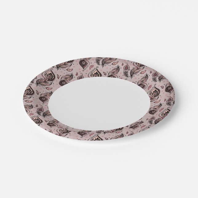 Pfauenfedermuster Pappteller (Schrägansicht)