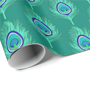 Pfauenfedern, Aqua auf Türkis / Pfau Geschenkpapier