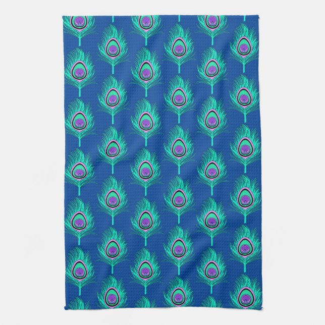 PfauenFedern, Aqua on Deep Cobalt Blue Handtuch (Vertikal)