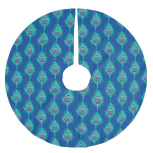 PfauenFedern, Aqua on Deep Cobalt Blue Polyester Weihnachtsbaumdecke