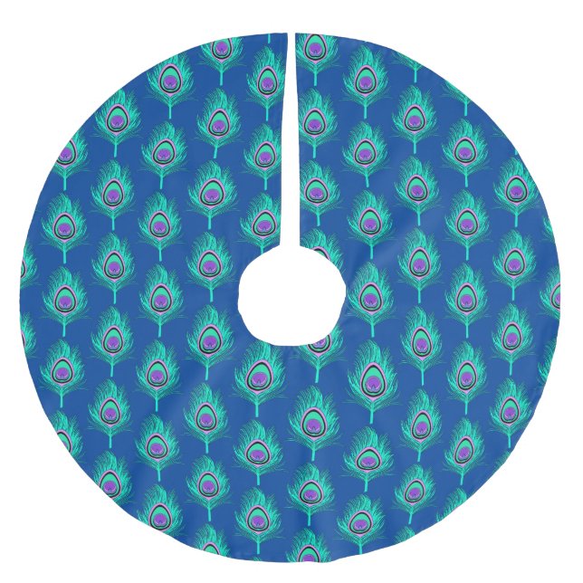 PfauenFedern, Aqua on Deep Cobalt Blue Polyester Weihnachtsbaumdecke (Vorderseite)