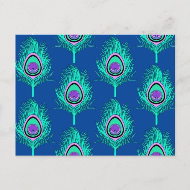 PfauenFedern, Aqua on Deep Cobalt Blue Postkarte (Vorderseite)