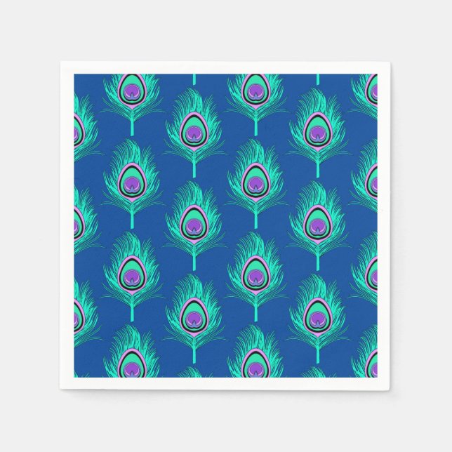 PfauenFedern, Aqua on Deep Cobalt Blue Serviette (Vorderseite)