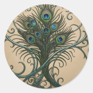 Pfauenfedern Art Nouveau Verzierte Türkis Rahmen Runder Aufkleber