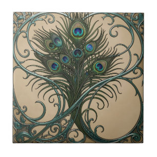 Pfauenfedern Art Nouveau Verzierte Türkisrahmen Fliese