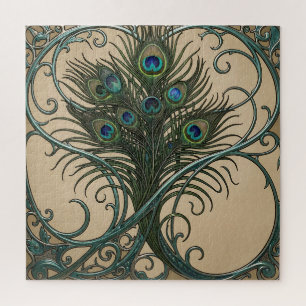 Pfauenfedern Art Nouveau Verzierte Türkisrahmen Puzzle
