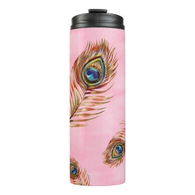 Pfauenfedern aus Gold, wasserfarbenes nahtloses Mu Thermosbecher (Vorderseite)