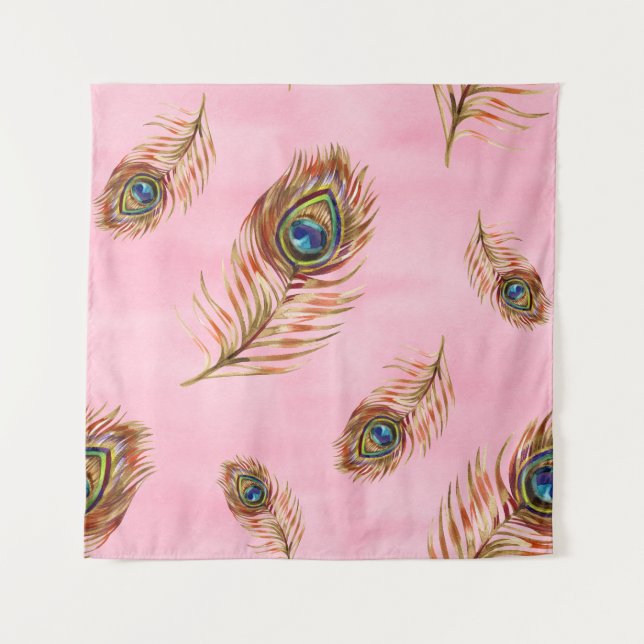 Pfauenfedern aus Gold, wasserfarbenes nahtloses Mu Wandteppich (Vorderseite)