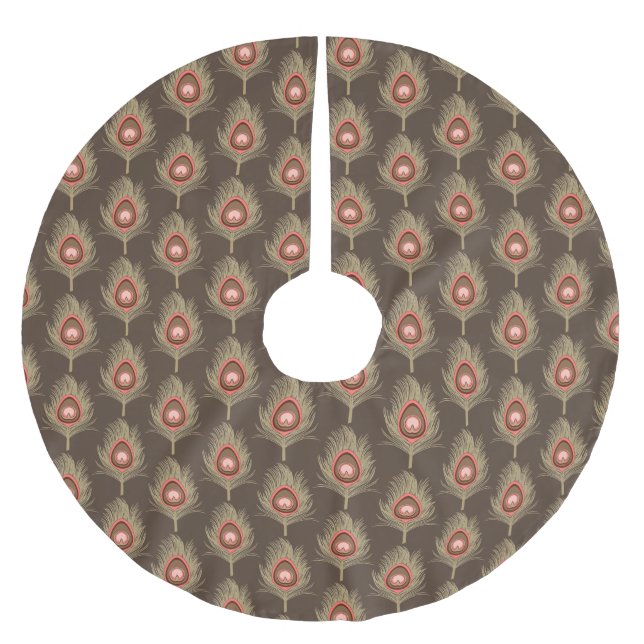 PfauenFedern, Beige auf dunklem Schokoladenbraun Polyester Weihnachtsbaumdecke (Vorderseite)