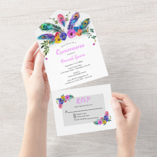 Pfauenfedern & Blumen Günstige Quinceañera All In One Einladung