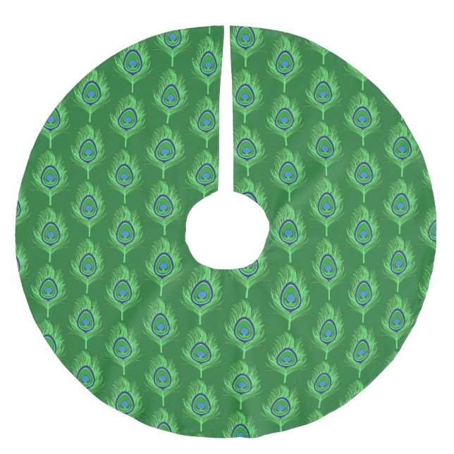 PfauenFedern, Grün auf Smaragdgrün Polyester Weihnachtsbaumdecke (Vorderseite)