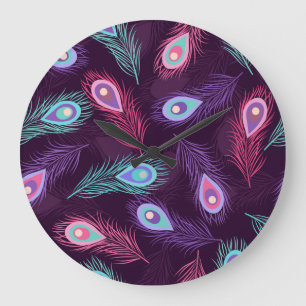 PfauenFedern: Handgezeichnet Vintag. Große Wanduhr