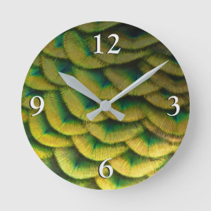 Pfauenfedern II Farbige Natur Runde Wanduhr