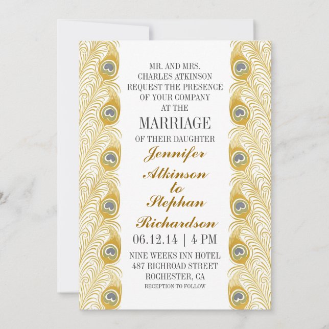 Pfauenfedern klassische weiße Hochzeitseinladungen Einladung (Vorderseite)