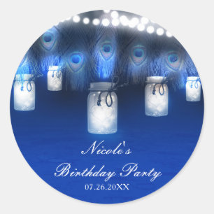 Pfauenfedern, Mason-Glas & Lichterkette Rustikal Runder Aufkleber