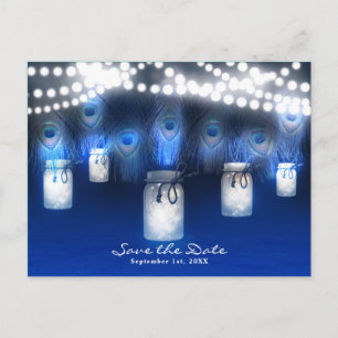 Pfauenfedern, Mason Jar und Lichter Save the Date Ankündigungspostkarte