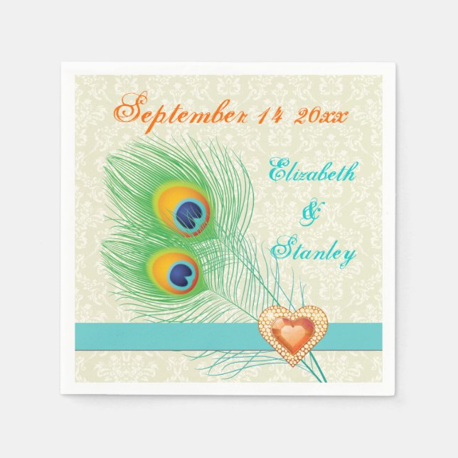 Pfauenfedern mit Orangensaft-Hochzeit Serviette (Vorderseite)