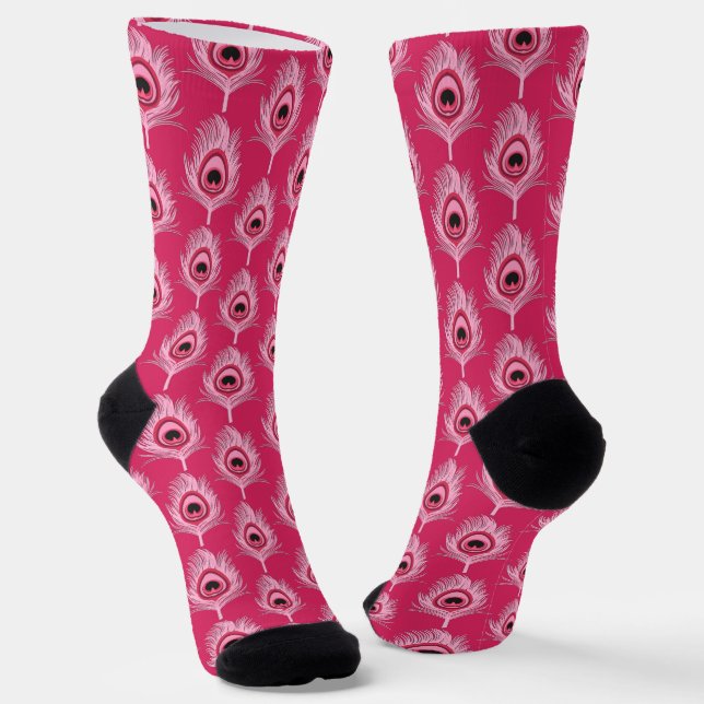 PfauenFedern, Pastellrosa auf Fuchsienrosa Socken (Gewinkelt)