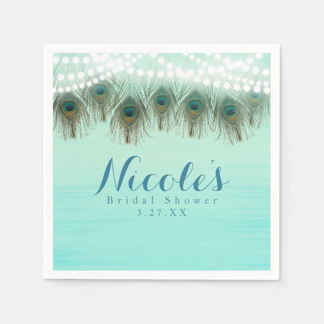 PfauenFedern und Lichter Rustikales Party Serviette (Vorderseite)