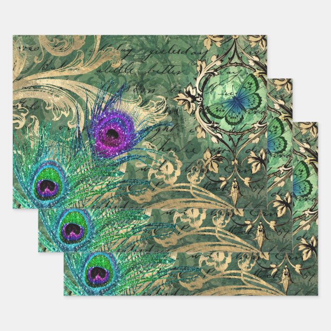 Pfauenfedern und Schmetterling Geschenkpapier Set (Set)