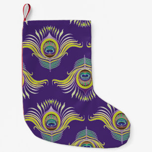 Pfauenfedern: Vintager nahtloser Hintergrund. Kleiner Weihnachtsstrumpf