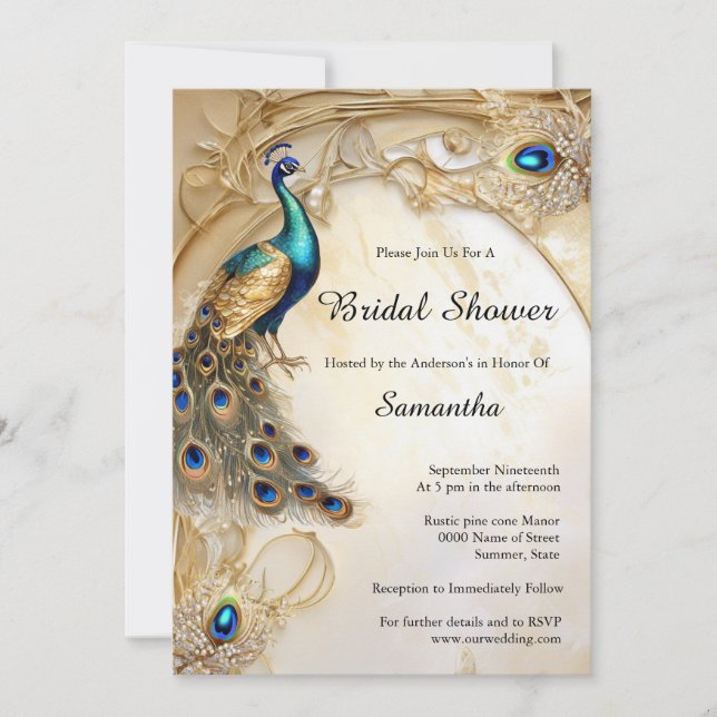 Pfauenfedern Vintages Jugendstil Einladung (Vorderseite)